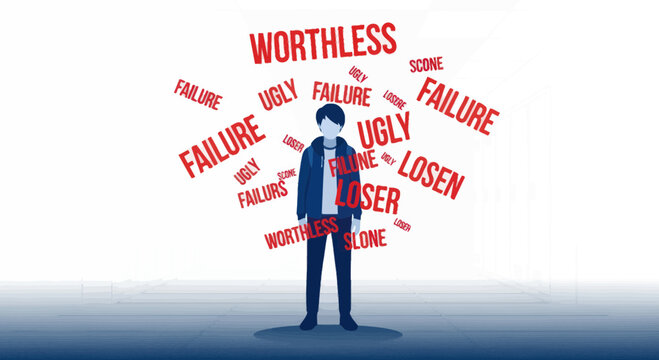 Teenager surrounded by negative self-talk words like failure, worthless, loser