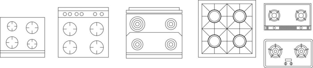 Technical line drawings of various kitchen stovetops and cooktops featuring gas burners, electric coils, and different burner configurations in plan view. © Riki