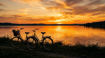 Naklejka premium Bicycles parked by serene lake at sunset.