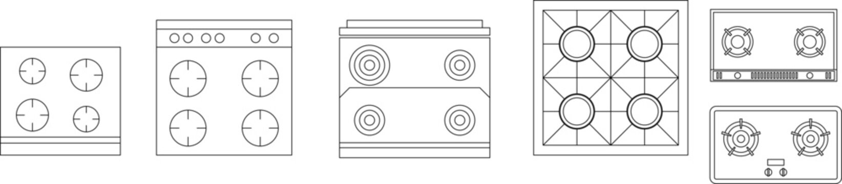 Technical line drawings of various kitchen stovetops and cooktops featuring gas burners, electric coils, and different burner configurations in plan view.
