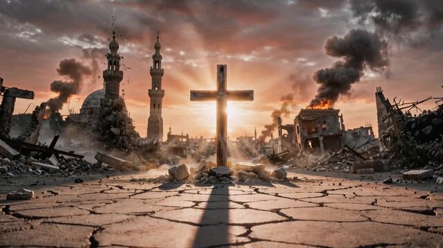 Christian cross standing amid collapsing Islamic buildings and ruins symbolizing religious conflict, Middle East destruction, and apocalyptic warfare devastation
