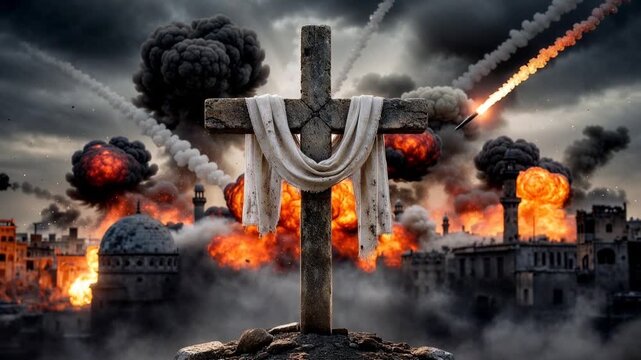 Christian cross standing amid war destruction, fiery explosions, missile strikes, and ruins of a city, symbolizing faith under siege in apocalyptic conflict in Middle East