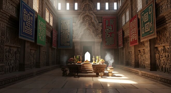 Buddhist temple interior with prayer flags and altar, serene atmosphere