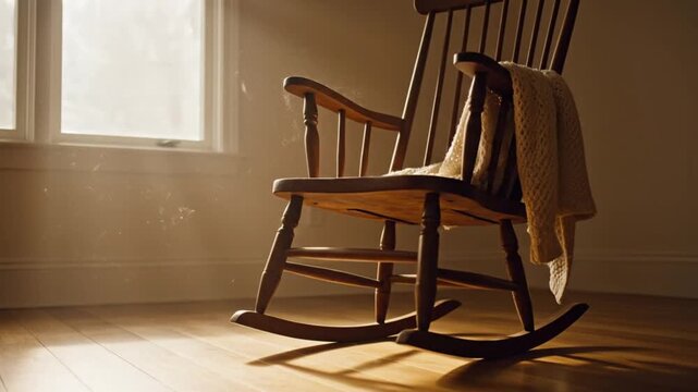 A cozy wooden rocking chair bathed in warm sunlight, draped with a soft blanket, evoking a sense of peace and comfort