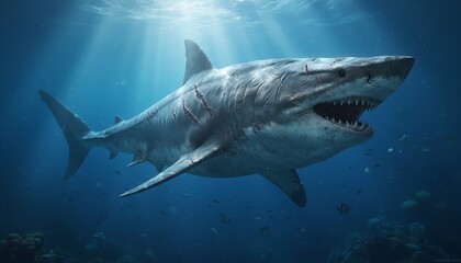 Fototapeta premium Enormous Megalodon Shark Gliding Through the Deep Blue Sea with Powerful Light Rays and an Intense Presence