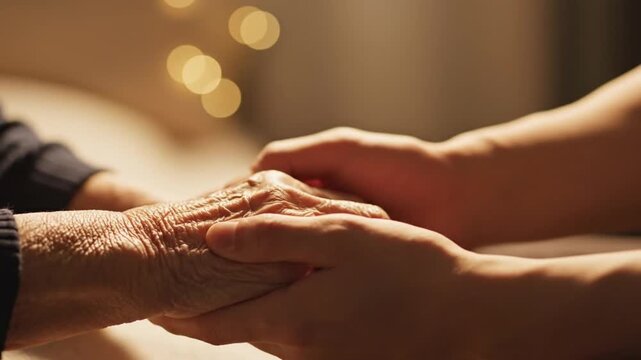 A tender young hand gently cradles an elderly, wrinkled hand, symbolizing deep compassionate care, unwavering support, and the profound intergenerational bond
