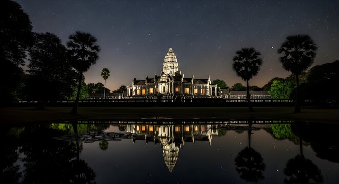 Nighttime view of illuminated temple with reflection in water, Angkor Wat style architecture under starry sky