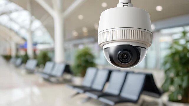 Modern white security camera installed in a bright public airport waiting area for safety.