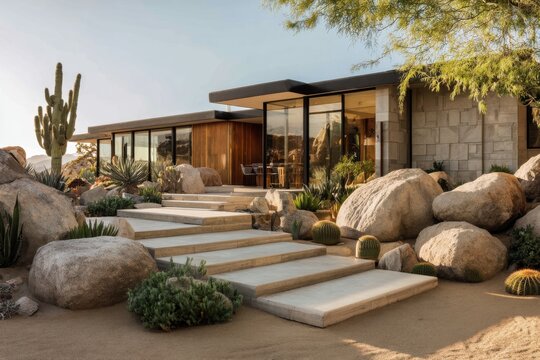 Modern house sits among rocks and plants in a desert landscape with clear sky and warm sunlight during afternoon hours ideal for outdoor living