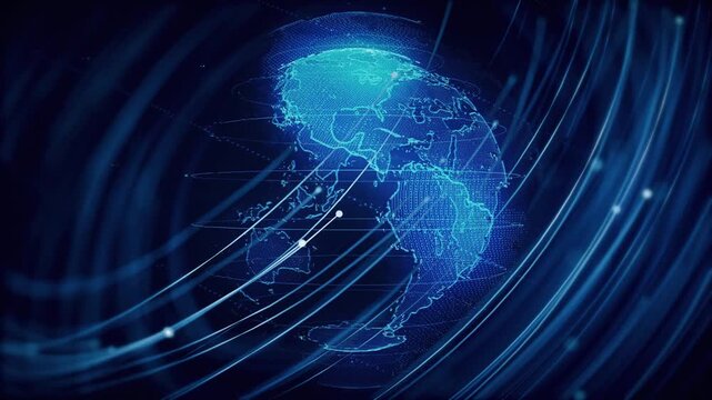 High speed fiber optic light beams streaming around a spinning blue digital hologram globe with glitch effect. Global communications, connections and cybersecurity concept. Full HD loop.