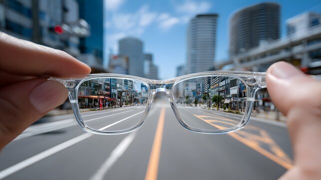 Cityscape viewed through AR enabled smart glasses for travel guidance