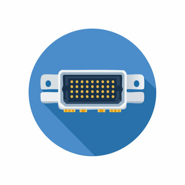 Flat illustration of a DVI connector on a blue circle. Computer hardware graphic.