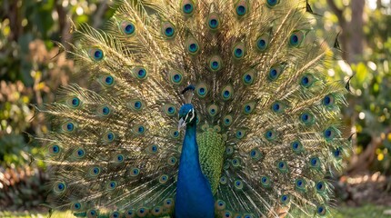 Obraz premium Vibrant Peacock Displaying Colorful Plumage Outdoors.