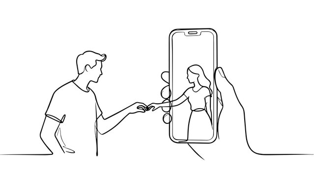 Minimal line art couple through smartphone, long distance love concept illustration