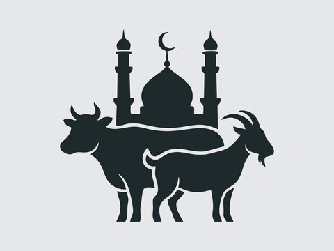 Eid al-Adha greeting concept with cow, goat and mosque silhouette