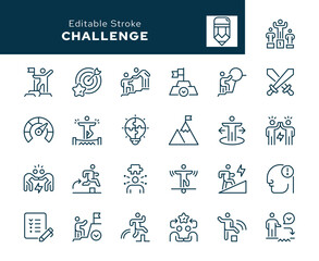 Fototapeta premium Challenge. Set of outline icons. Challenger, confrontation, competition, courage, overcome, struggle, contenders, conquering, hurdle, battle and more. Line icon in linear style. Vector collection. 