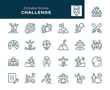 Challenge. Set of outline icons. Challenger, confrontation, competition, courage, overcome, struggle, contenders, conquering, hurdle, battle and more. Line icon in linear style. Vector collection.	