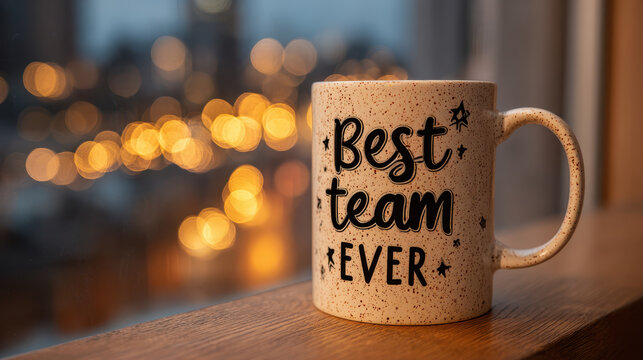Best team appreciation mug for national employee recognition with warm glowing lights creating cozy atmosphere of gratitude and celebration