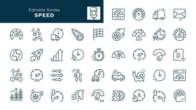 Speed. Set of outline icons. Movement, fast, slow, turbo, speedometer, indicator, speeding, gauge, express, rapid and more Line icon in linear style. Vector collection	