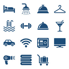 Vector icon set for hotel amenities and hospitality apps. Bold solid style for guest services, booking platforms, and resort management UI/UX. Professional travel and lodging symbols.