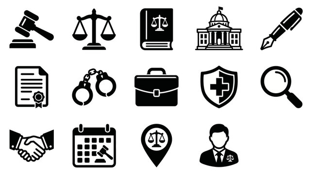Vector icon set for legal tech and law firm apps. Bold thick style for legal dashboards, case management systems, and attorney websites. Professional law and justice interface symbols.