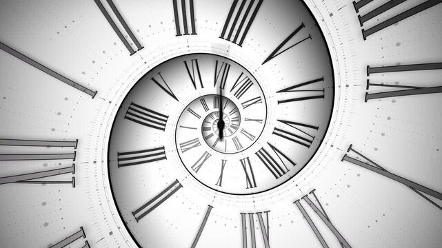 Abstract modern white spiral clock dial with roman numerals. Concept of Infinite time, deadline, scheduling, time management, time travel, time and space, past, present and future.