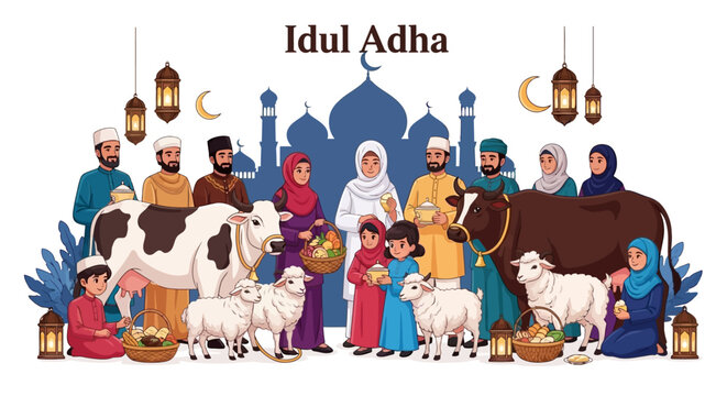 A vibrant vector illustration shows a diverse group of people celebrating Idul Adha with cattle and sheep against a backdrop of a mosque and crescent moon, creating a festive and culturally