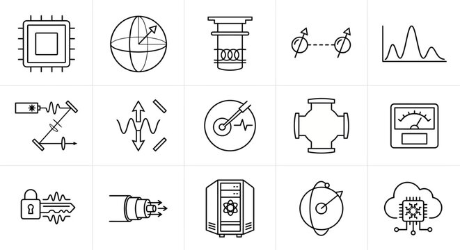 Vector icon set for quantum computing and advanced laboratory research. Clean thin line style for deep tech dashboards, scientific software, and quantum physics UI/UX. Professional technology symbols.