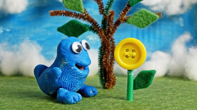 A playful blue clay creature sits beside a bright yellow button flower, set against a whimsical sky backdrop, perfect for children's content
