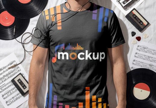 T Shirt Mockup Music Scene Flat Lay