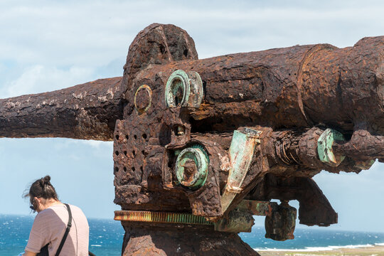 Cuba, Havana. Rusty remains of 20th century artillery piece on the walls of Castillo de los Tres Reyes del Morro, also called the Castillo del Morro