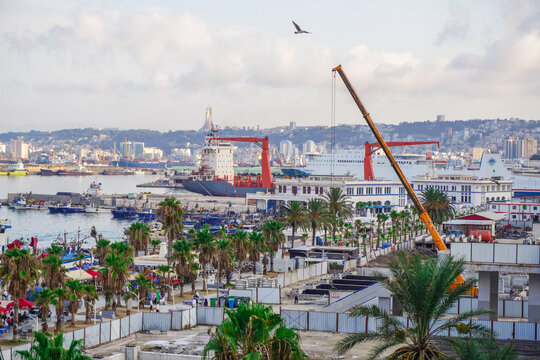 Alger the capital city of Algeria, North Africa, city centre of Algiers, the capital of Algeria, Landscape of Algiers city With port and mediterranean sea and white buildings, Arab Maghreb Africa.