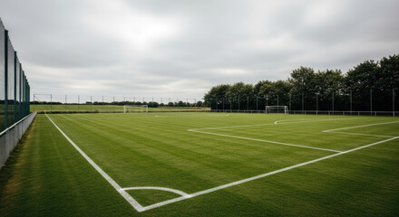 Fototapeta premium Pristine green soccer field with freshly cut grass and crisp white lines under a cloudy sky creating a vibrant sports backdrop