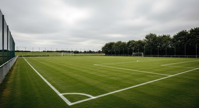 Pristine green soccer field with freshly cut grass and crisp white lines under a cloudy sky creating a vibrant sports backdrop