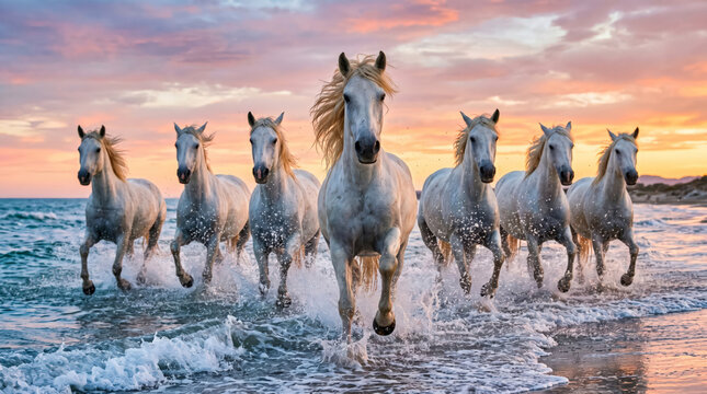 A Majestic Herd of White Horses Galloping Through Shallow Ocean Surf Waters