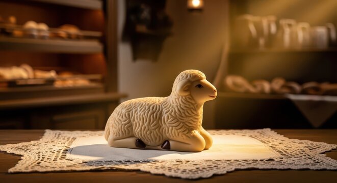 Lamb figurine on lace doily table.