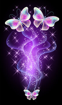 Butterflies in starry sky with magical wings, fireworks and sparkle stars. Fantasy vertical walpaper background with fireflies and mystical smoke.