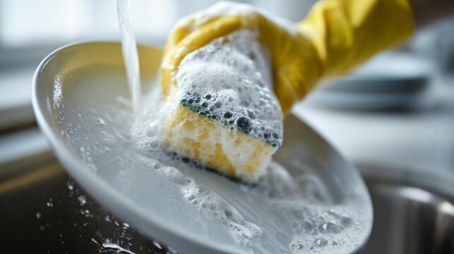 Close-up: Gloved hand washes plate with sponge under running water
