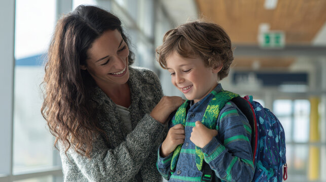 Mother shares smile with her son filled with back to school excitement on his first day as he wears colorful backpack and cozy shirt