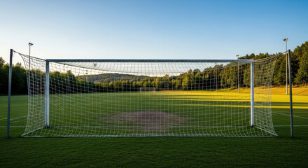 Fototapeta premium Soccer goal on a lush green field during golden hour at sunset with trees and hills in the background on a sunny day