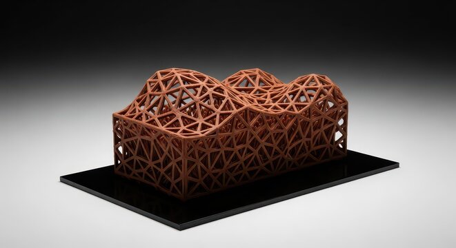 Geometric 3D printed red lattice structure.