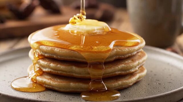 Maple syrup pouring onto a stack of warm pancakes with a pat of butter, delicious breakfast food preparation.