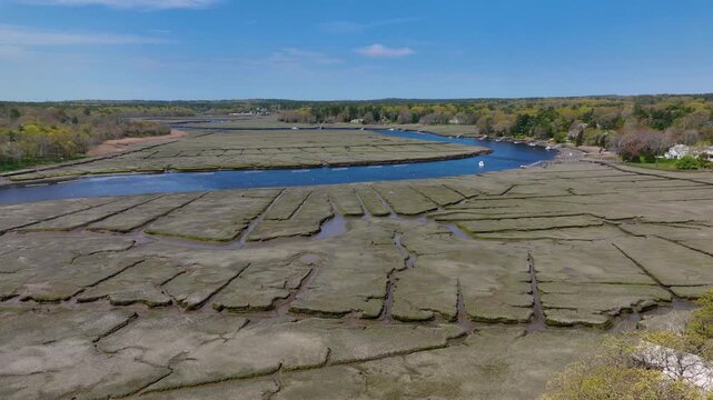 North River near mouth to the Atlantic Ocean aerial view between town of Scituate and Marshfield, Massachusetts MA, USA. 