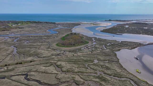 North River near mouth to the Atlantic Ocean aerial view between town of Scituate and Marshfield, Massachusetts MA, USA. 