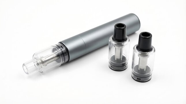 Electronic cigarette with spare atomizer tanks. Modern grey vaping device and components isolated on white background. Accessory for nicotine alternative and vapor smoking habit.
