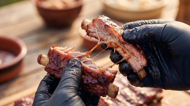 Man wearing black glove pulling apart glazed pork rib. Barbecue meat with sauce during outdoor cooking. Delicious meal preparation for celebration. Homemade food and culinary concept.