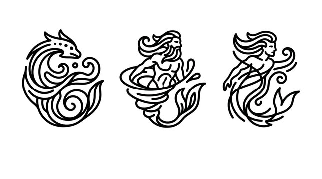 Set of Minimalist Mermaid and Sea Creatures Line Art