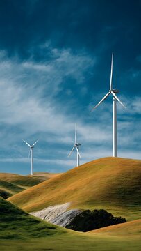 Modern Wind Turbines Generating Renewable Energy Along Empty Country Road in Golden Wheat Field Under Dramatic Blue Sky