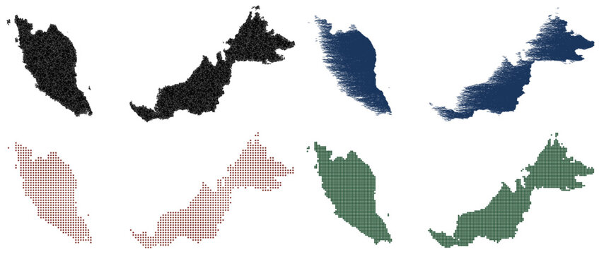 Malaysia country map in four abstract pattern styles