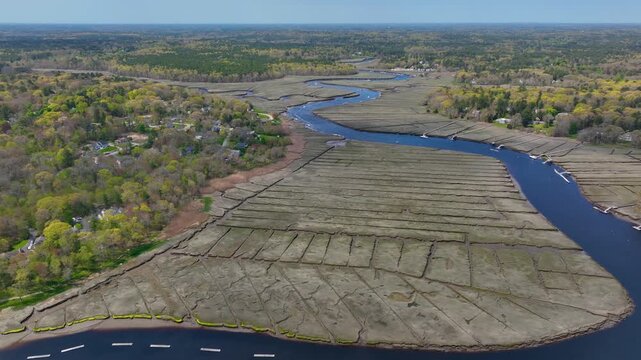 North River near mouth to the Atlantic Ocean aerial view between town of Scituate and Marshfield, Massachusetts MA, USA. 